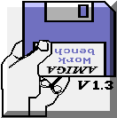 After powering up or rebooting an Amiga 500 this screen display is seen, meaning the OS started and asking the user to insert a bootable floppy disk. The displayed floppy is Workbench 1.3.